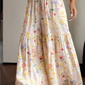 Boho Pastel Floral Tiered Wide Leg Pants- size M